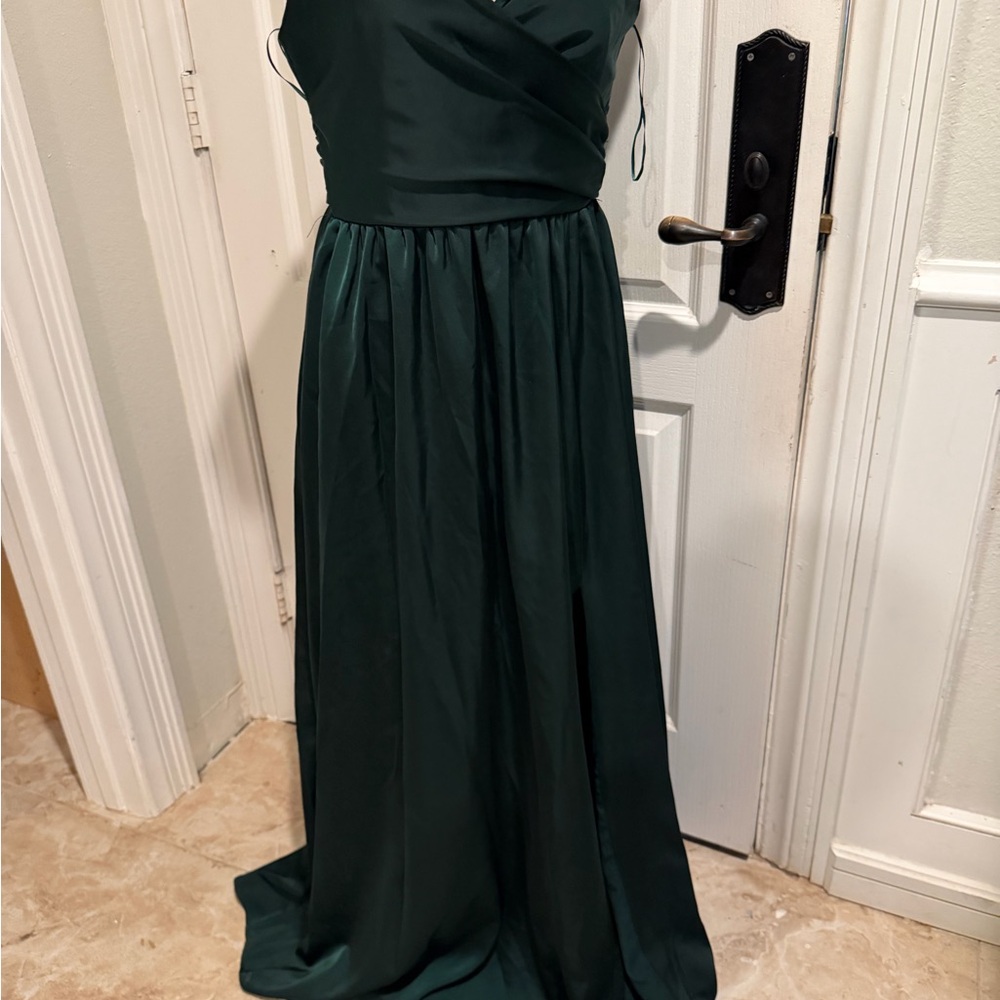 Showpo Dark Green Satin Girls Dress - Sleeveless V-Neck Gown - Picture 3 of 16